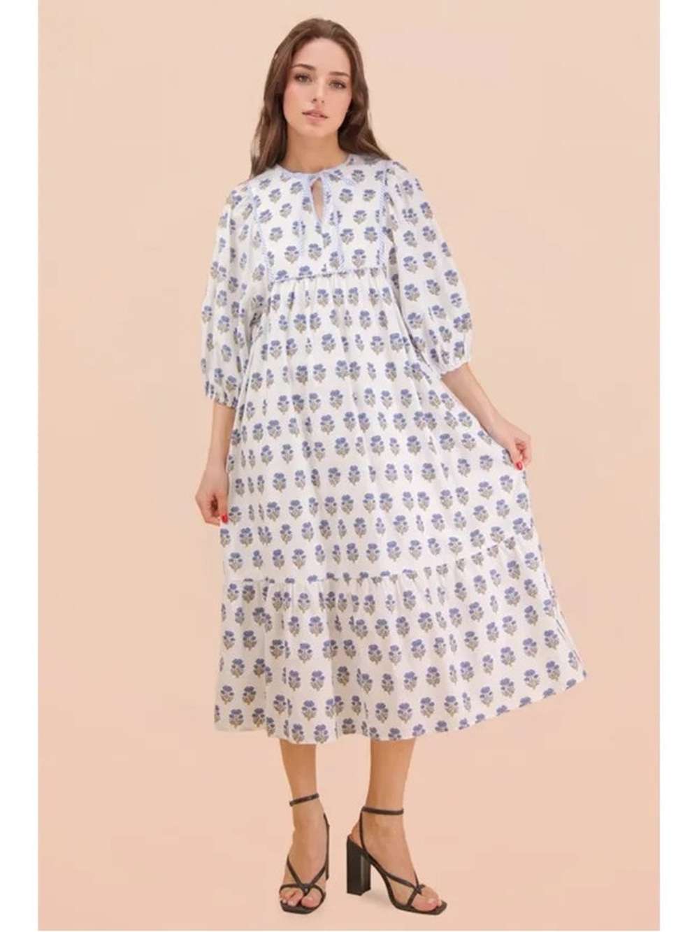 Blue Floral Midi Dress with Puff Sleeves
